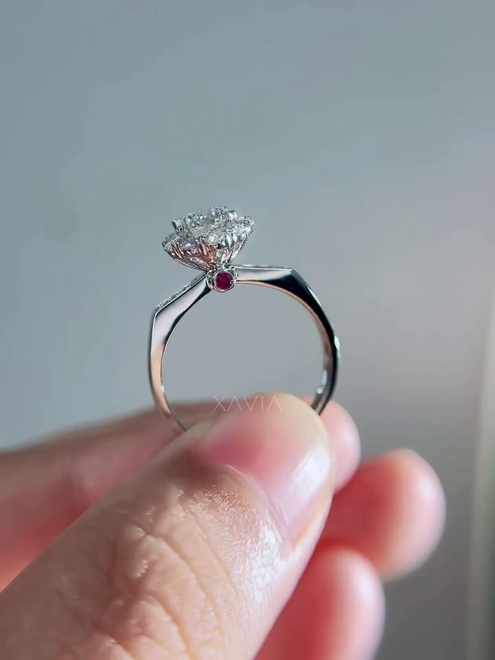 Elevated perspective of round diamond halo ring showing multi-diamond floral halo structure and refined pavé band design