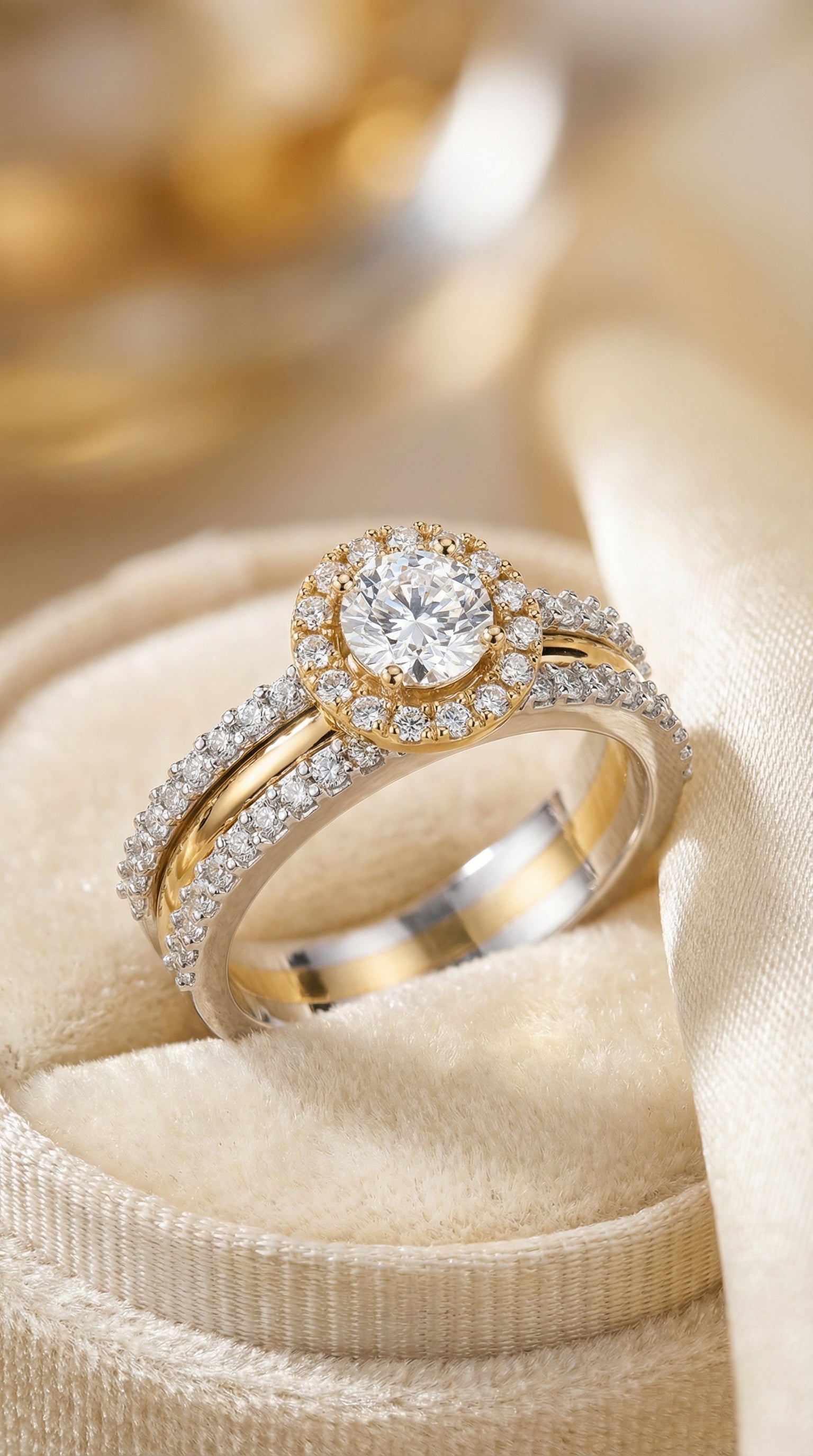 luxury round brilliant lab grown diamond halo engagement ring with split pavé shank and two tone white and yellow gold design displayed in high detail studio render