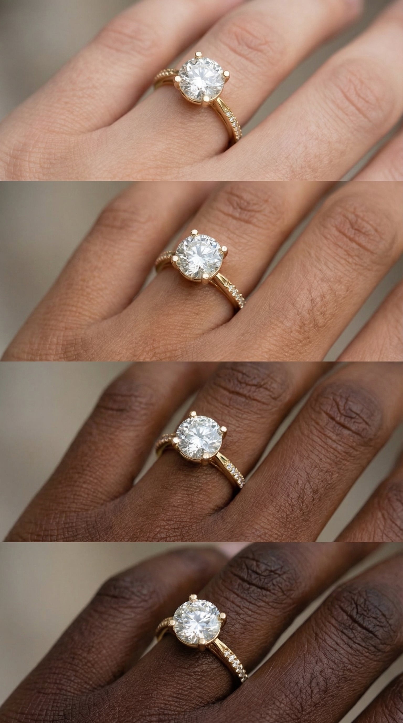 round brilliant lab grown diamond solitaire engagement ring with pavé split shank worn on model hand showing scale, sparkle, and elegant minimalist bridal design