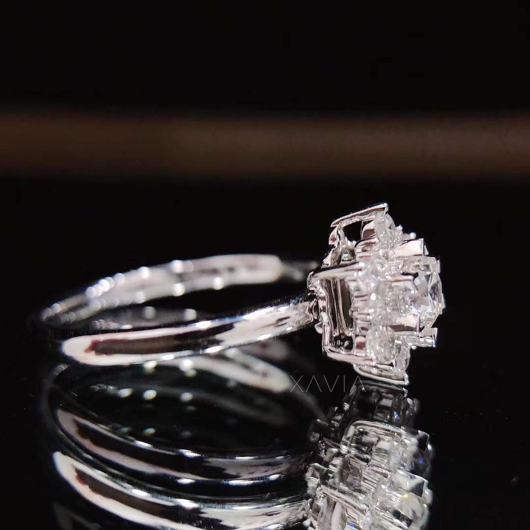 side view of round brilliant lab grown diamond floral halo cluster ring showing elevated prong basket setting and slim polished band structure