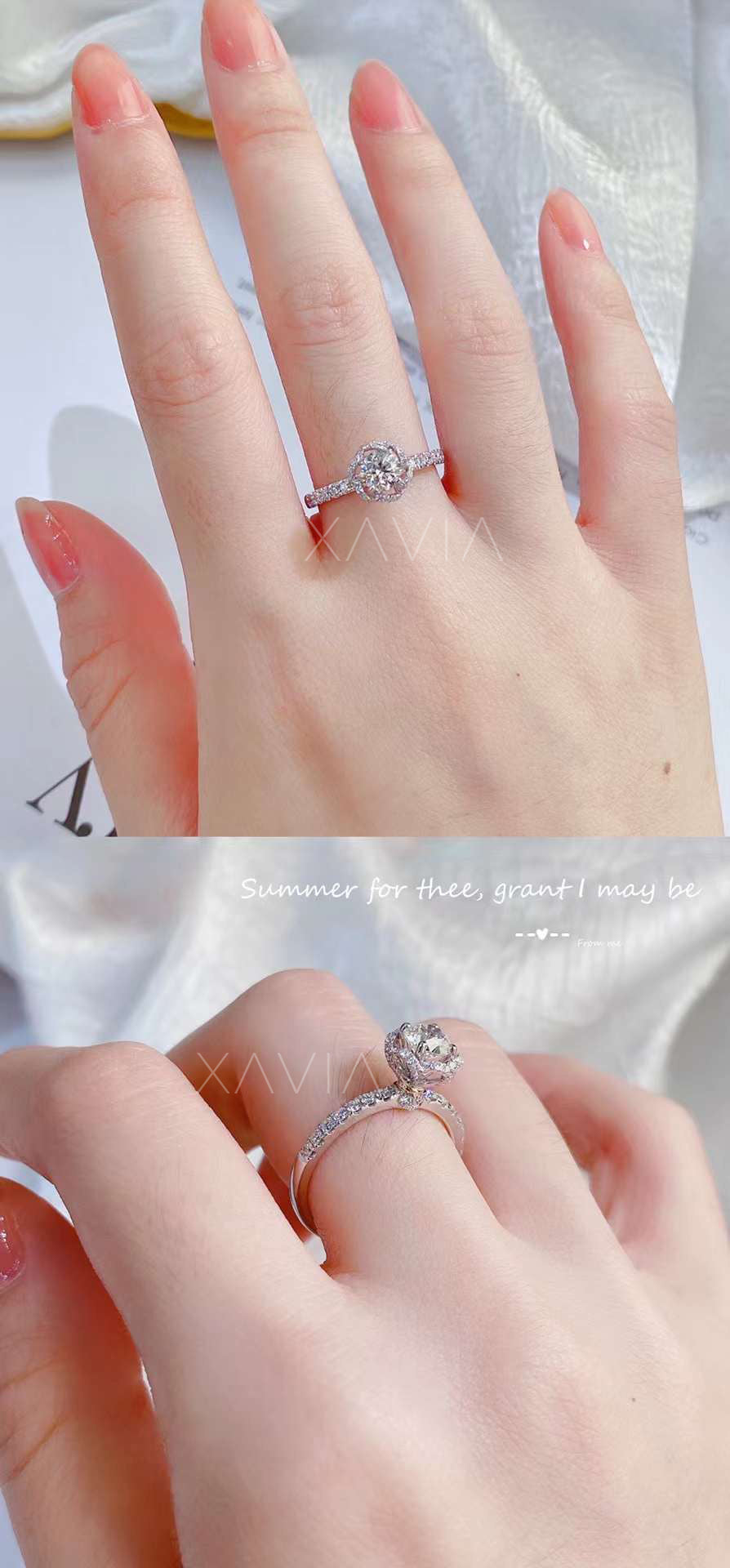 side angle of round brilliant floral halo engagement ring with pavé diamonds and crown-style basket