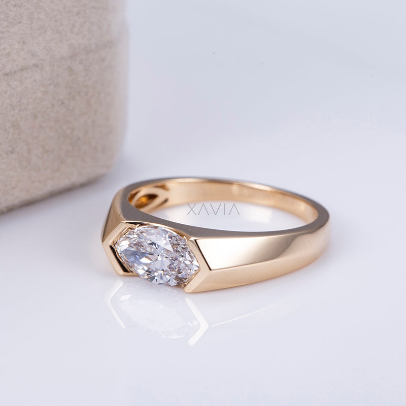 side profile view of marquise cut lab diamond bezel ring in solid yellow gold with smooth high-polish band
