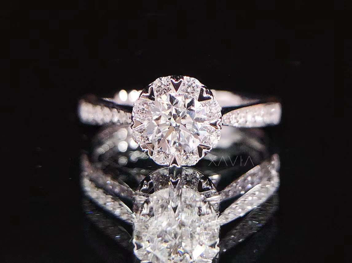 Side profile of round halo lab diamond engagement ring highlighting pavé-set band, prong setting and sculpted open gallery beneath center stone