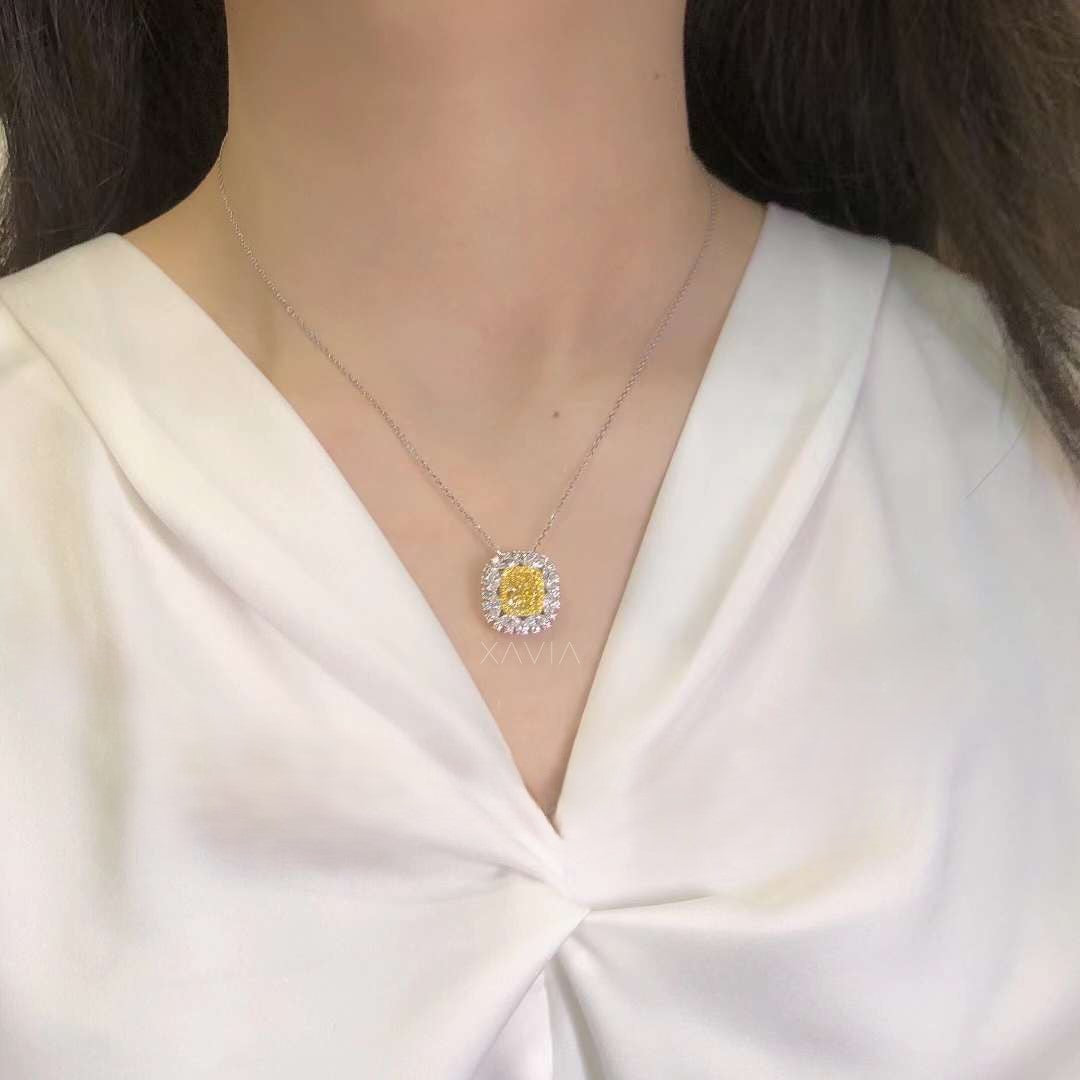 Fancy yellow cushion lab grown diamond halo design shown as ring and pendant reference highlighting versatility and luxury craftsmanship