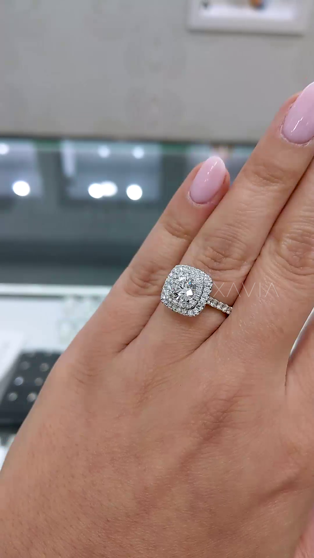 top view of round brilliant lab diamond ring with double cushion halo and pavé band showing intense brilliance and layered sparkle design