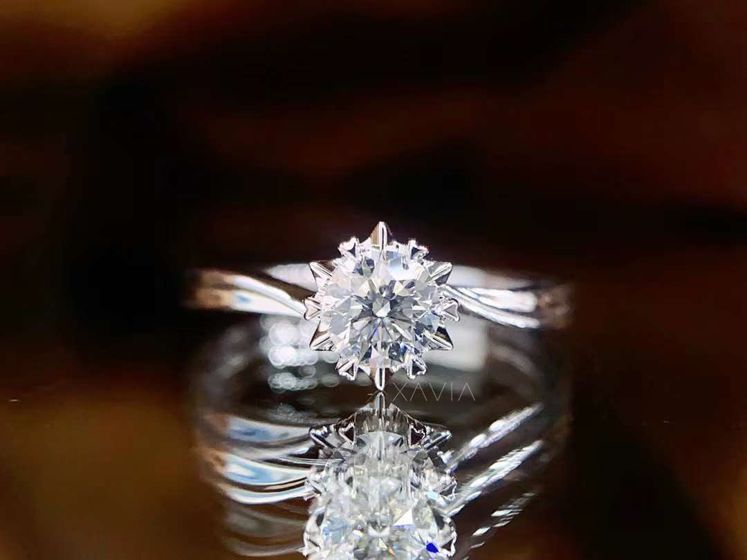 Diamond ring with a reflective surface on a dark background