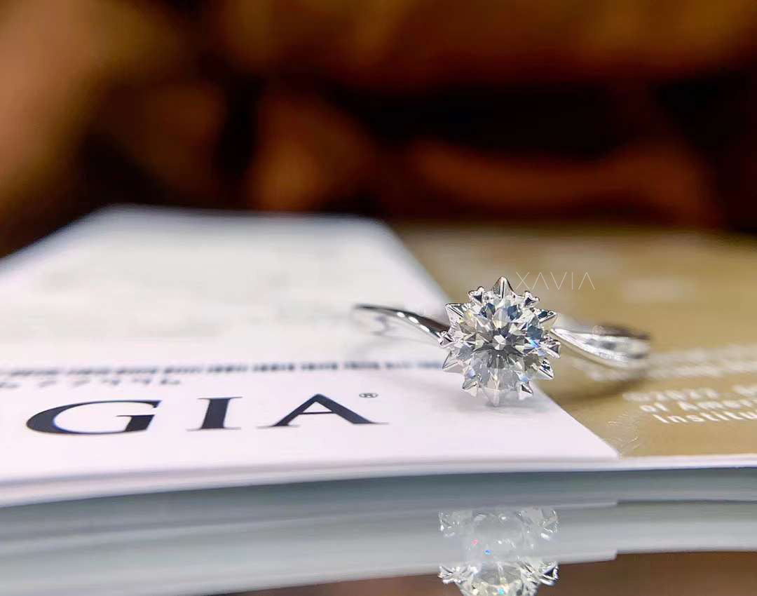 Top view of round brilliant lab grown diamond solitaire ring with flower inspired prongs and minimalist luxury design