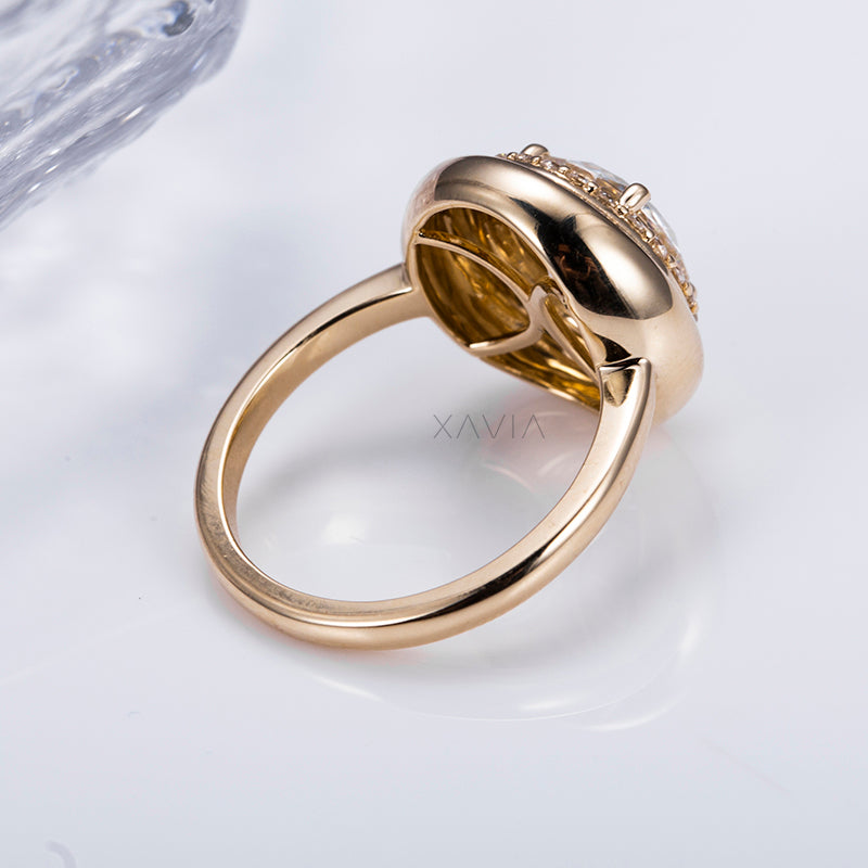 underside gallery view of yellow gold domed bezel halo lab diamond ring showing smooth comfort fit band