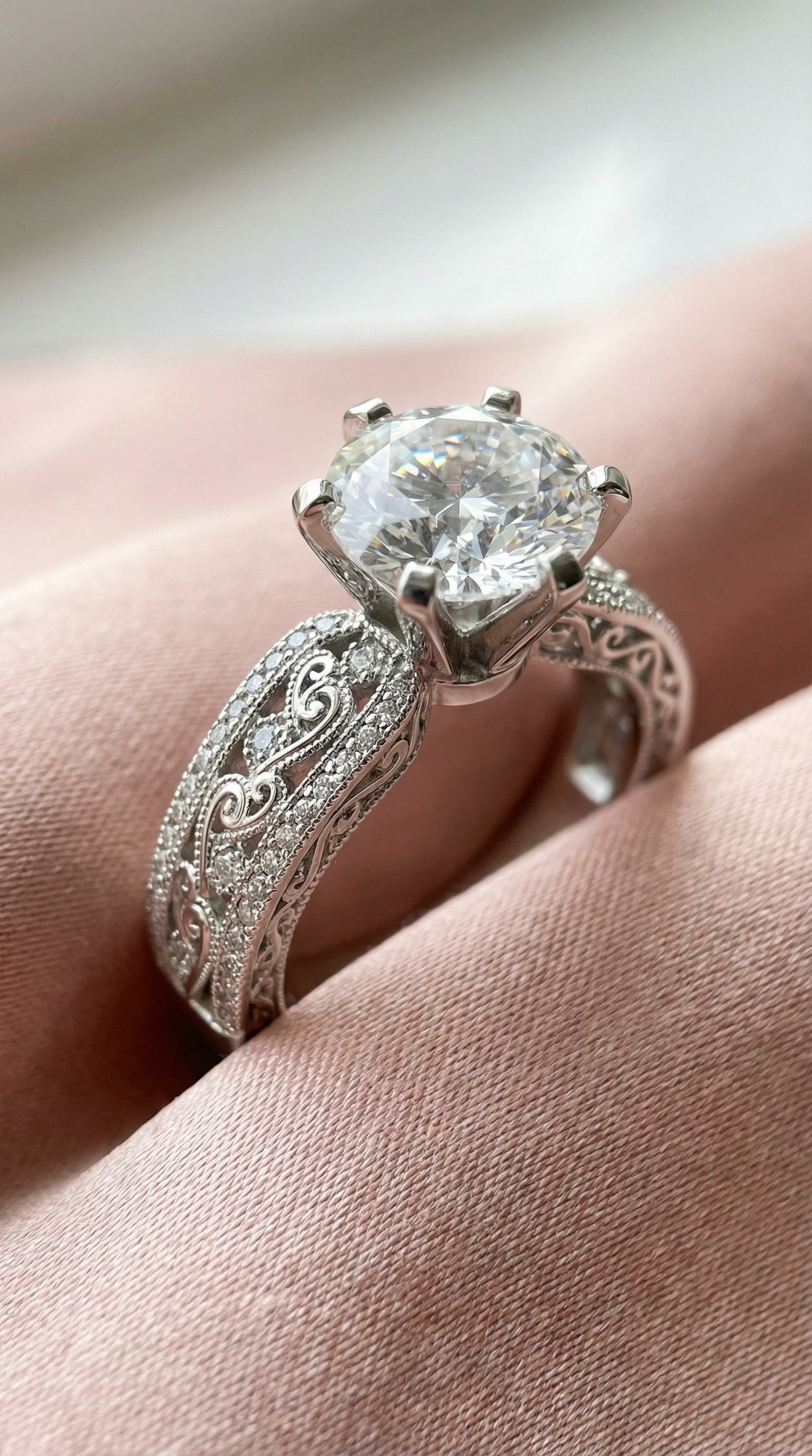 Technical design diagram showing vintage filigree round lab grown diamond engagement ring with pavé band, six prong setting, and ring dimension measurements.