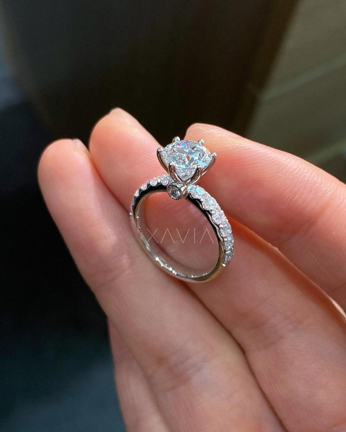 top angle of round brilliant solitaire diamond ring in white gold