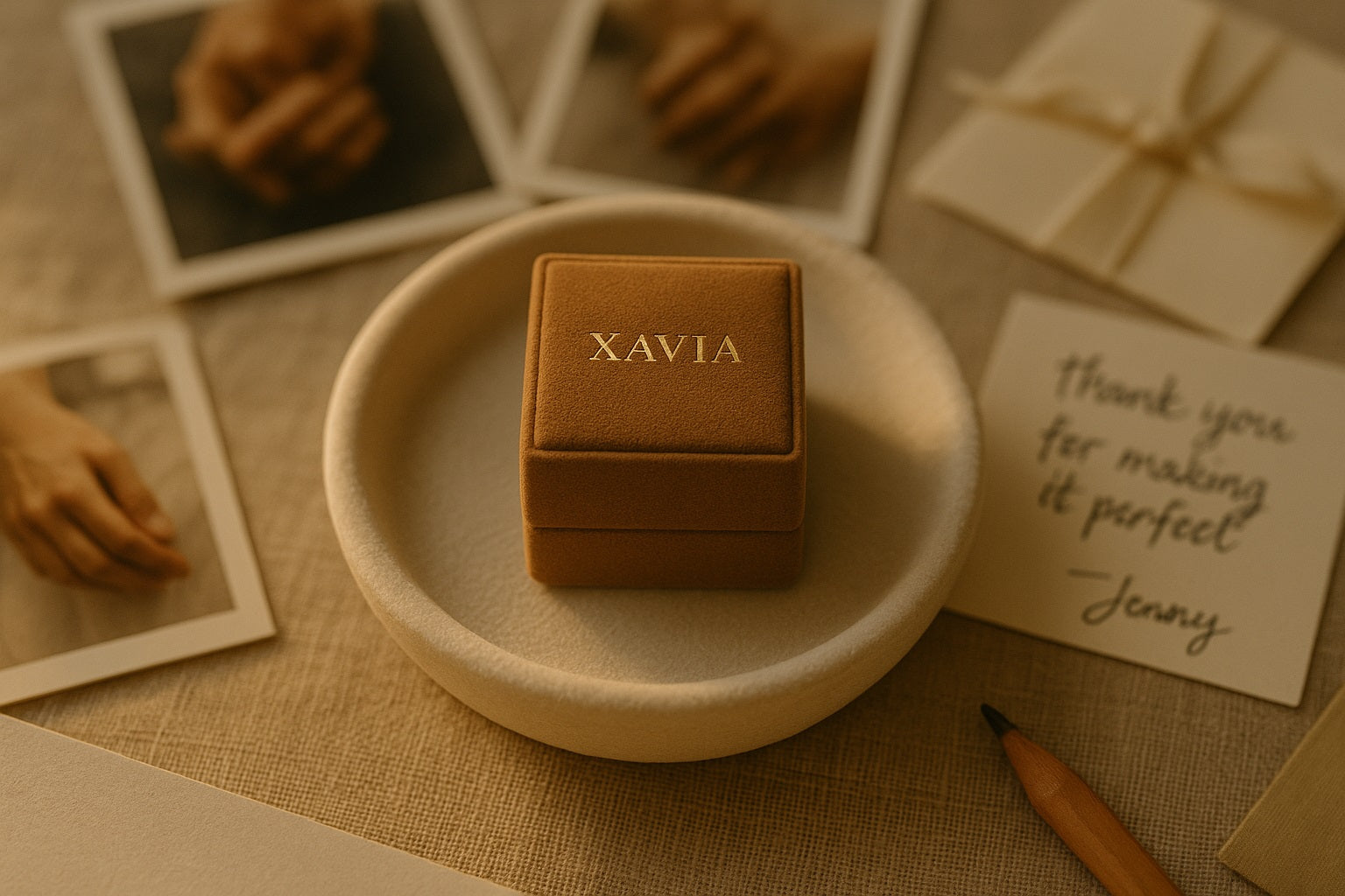 Brown jewelry box with 'XAVIA' engraving on a textured surface with photos and notes. - Xavia Jewels