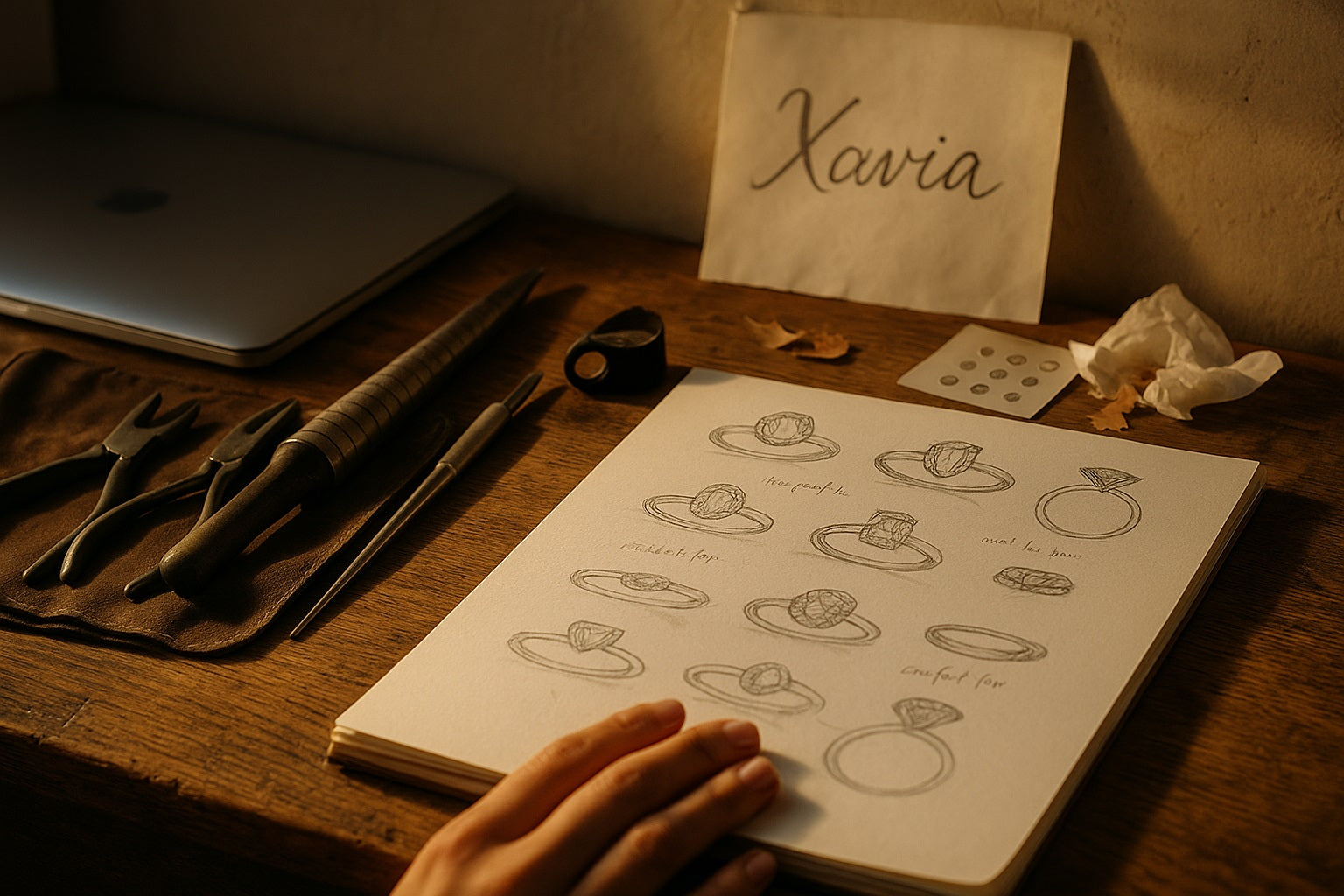 Sketchbook with ring designs on a wooden table. - Xavia Jewels