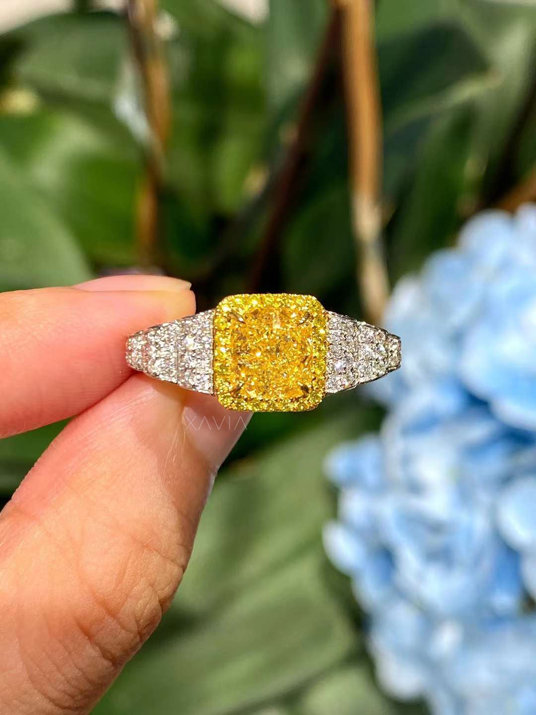 front view of Zeyora fancy yellow cushion cut lab diamond ring with pavé white diamond accents set in platinum